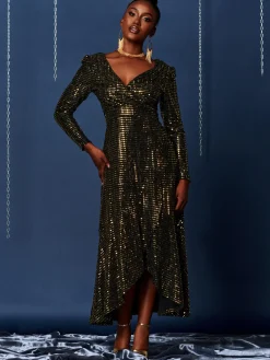 Jolie Moi Occasion Dresses|Wrap Dresses-Sparkly Glitter Wrap Flare Maxi Dress, Gold