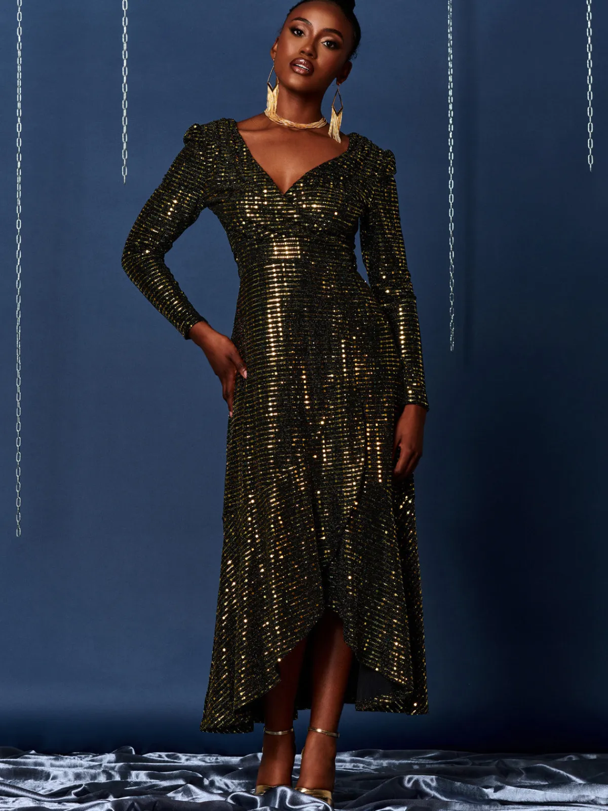 Jolie Moi Occasion Dresses|Wrap Dresses-Sparkly Glitter Wrap Flare Maxi Dress, Gold