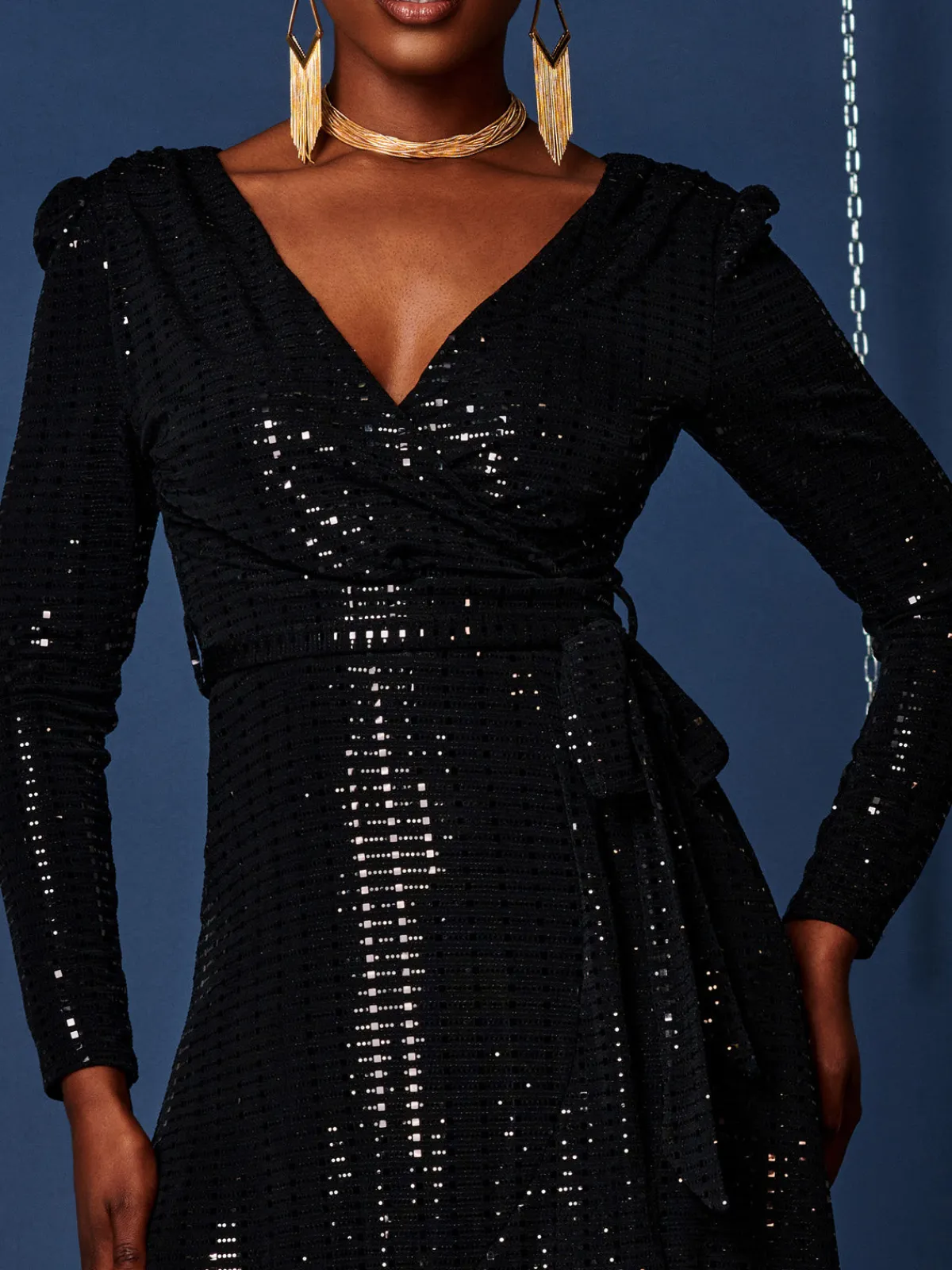 Jolie Moi Occasion Dresses|Wrap Dresses-Sparkly Wrap Frill Hem Maxi Dress, Black
