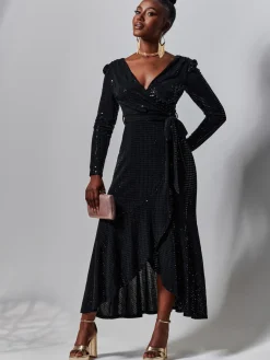Jolie Moi Occasion Dresses|Wrap Dresses-Sparkly Wrap Frill Hem Maxi Dress, Black