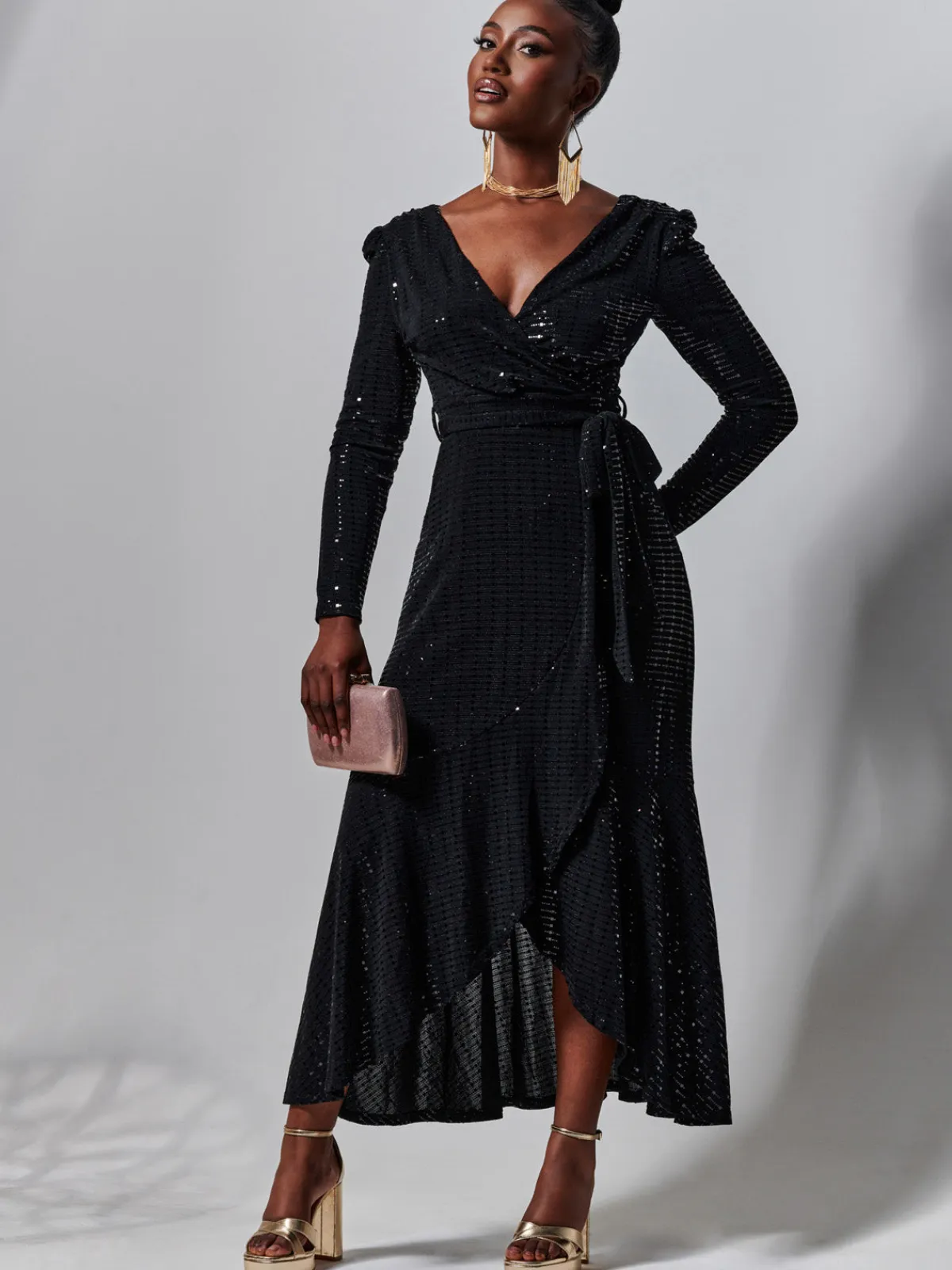 Jolie Moi Occasion Dresses|Wrap Dresses-Sparkly Wrap Frill Hem Maxi Dress, Black