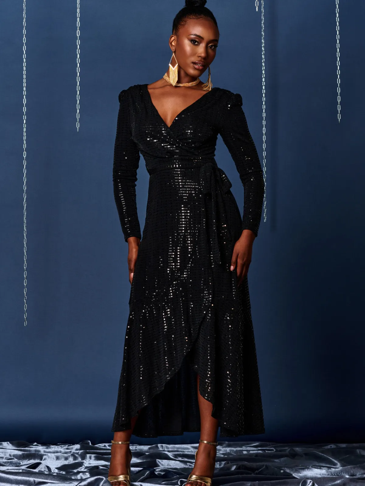 Jolie Moi Occasion Dresses|Wrap Dresses-Sparkly Wrap Frill Hem Maxi Dress, Black