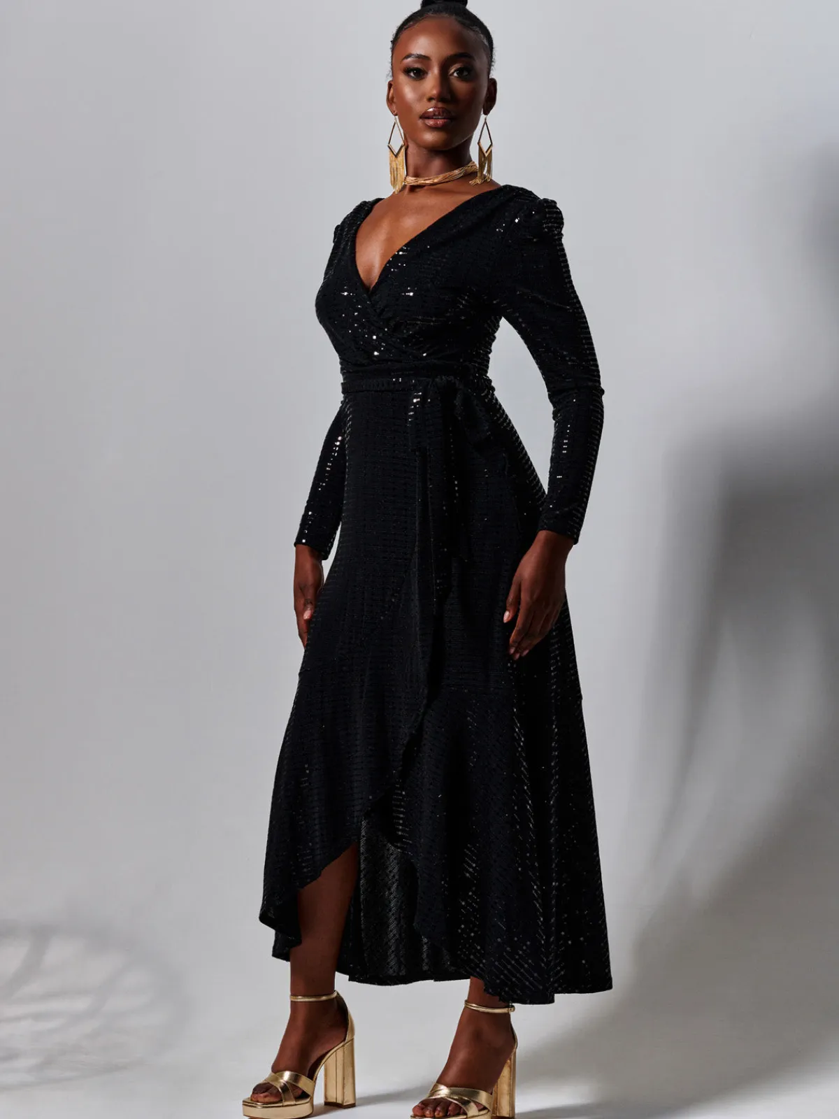 Jolie Moi Occasion Dresses|Wrap Dresses-Sparkly Wrap Frill Hem Maxi Dress, Black