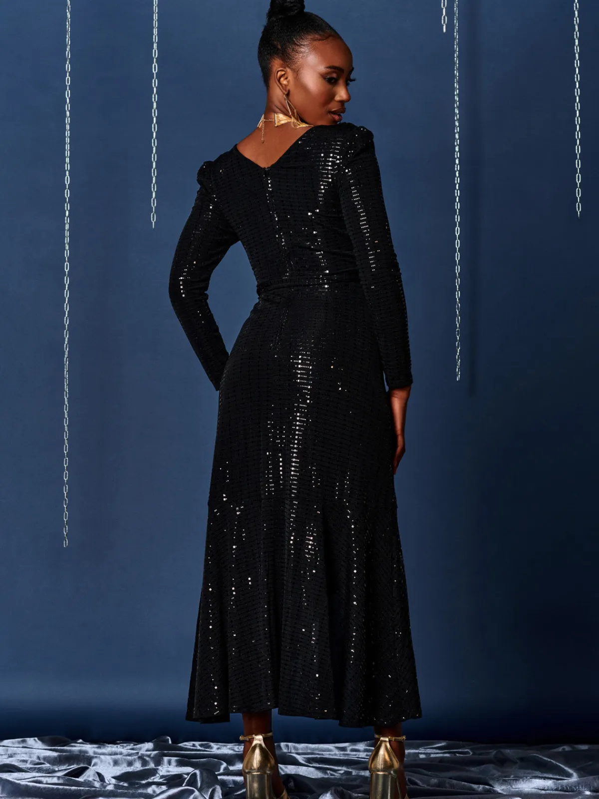 Jolie Moi Occasion Dresses|Wrap Dresses-Sparkly Wrap Frill Hem Maxi Dress, Black