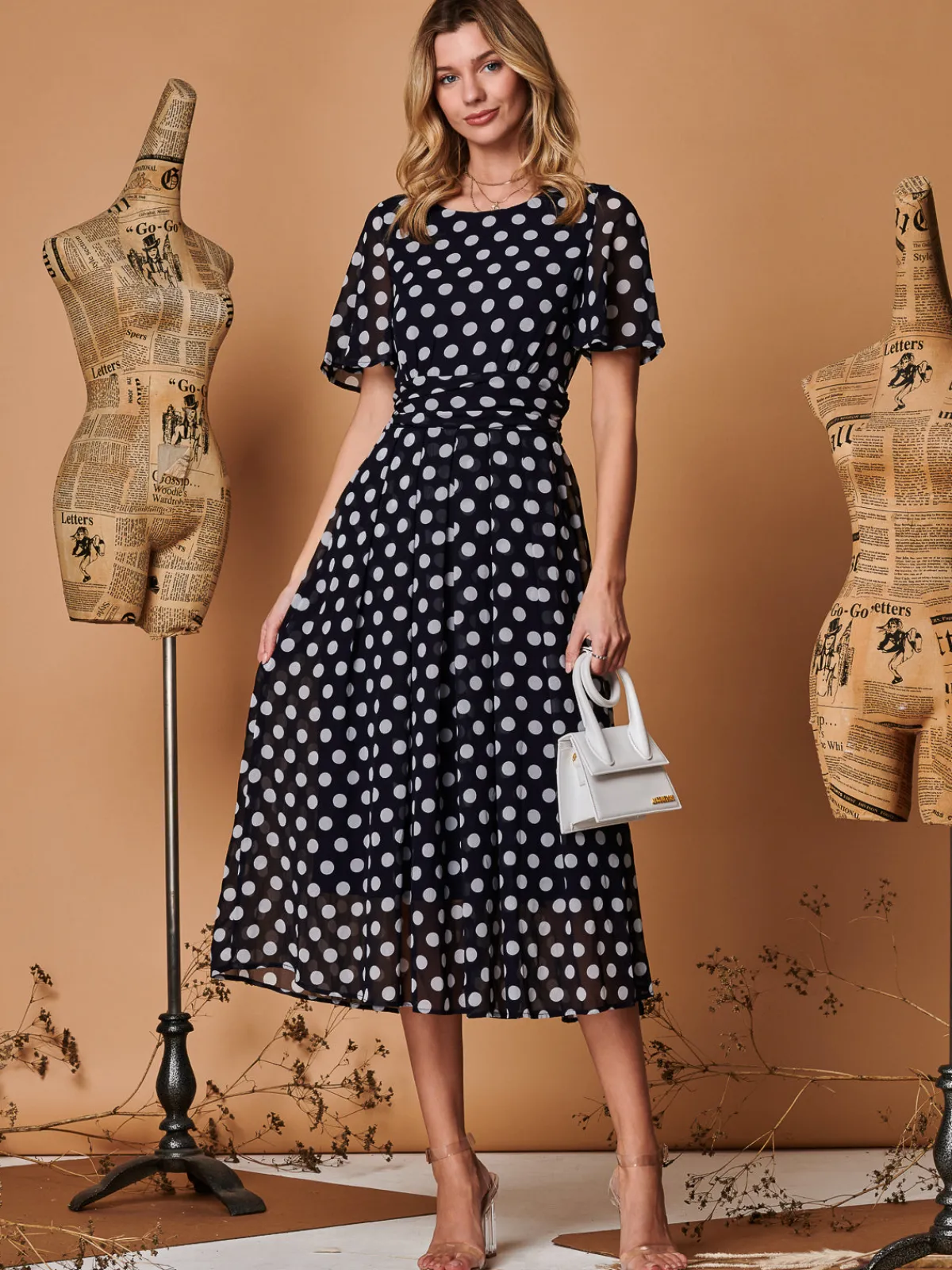 Jolie Moi Occasion Dresses|Printed Dresses-Spot Print Chiffon Maxi Dress, Navy Spot