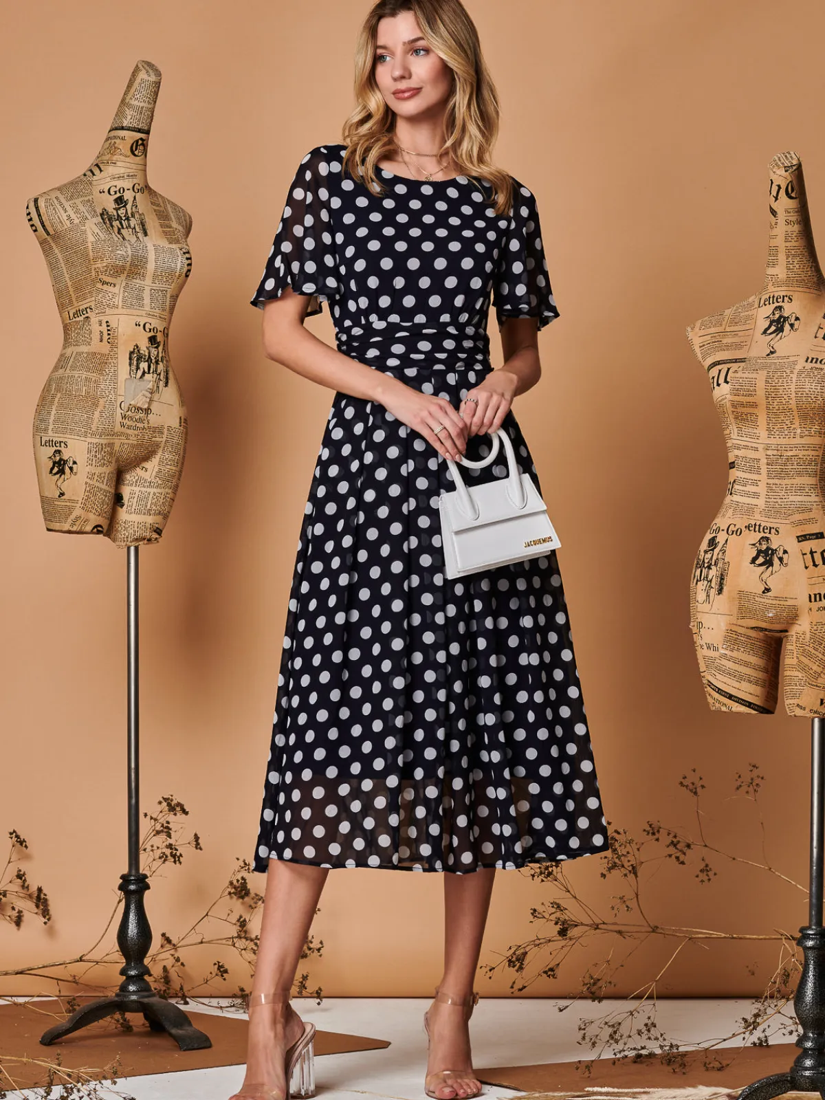 Jolie Moi Occasion Dresses|Printed Dresses-Spot Print Chiffon Maxi Dress, Navy Spot