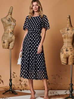 Jolie Moi Occasion Dresses|Printed Dresses-Spot Print Chiffon Maxi Dress, Navy Spot