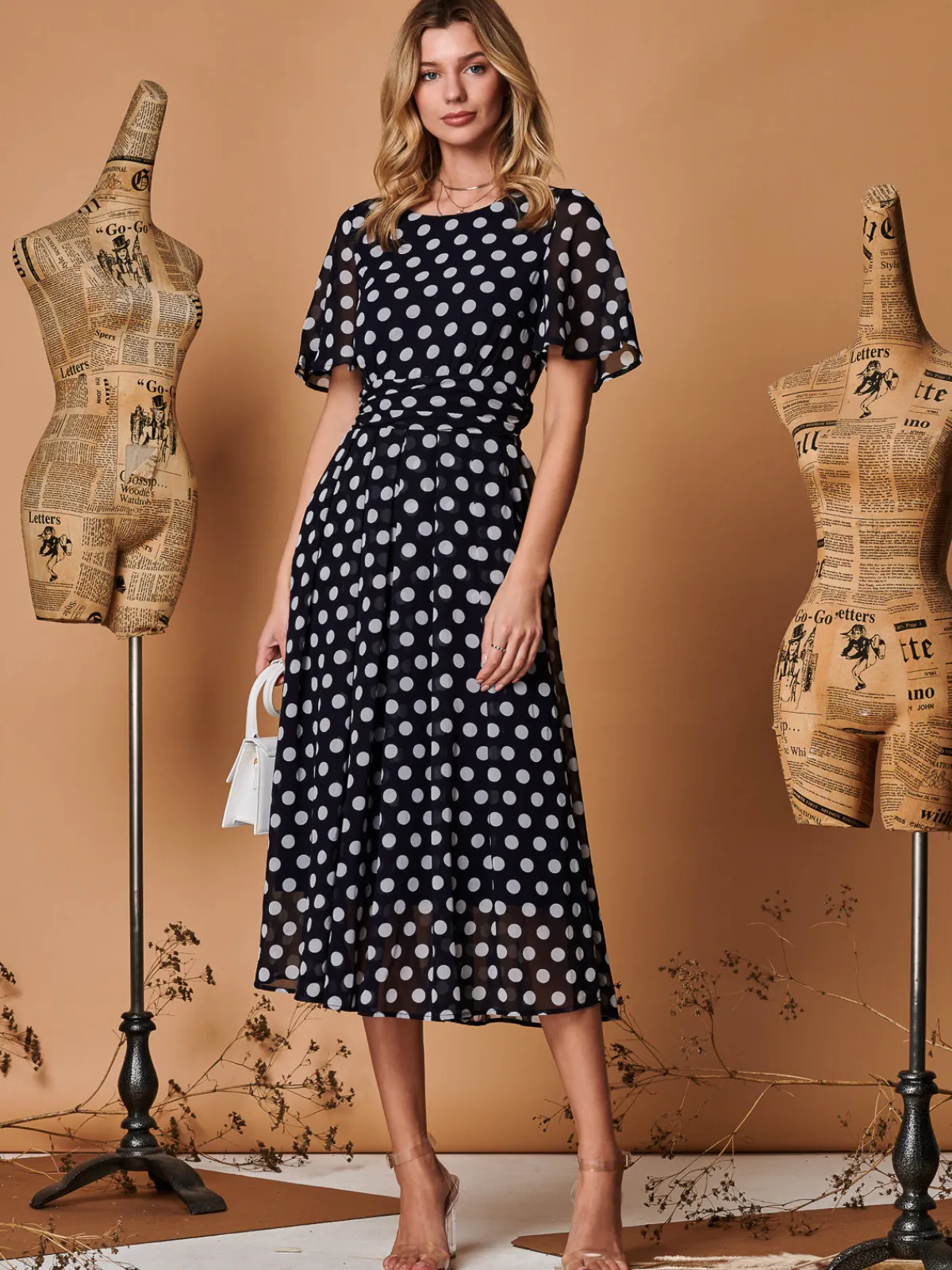 Jolie Moi Occasion Dresses|Printed Dresses-Spot Print Chiffon Maxi Dress, Navy Spot