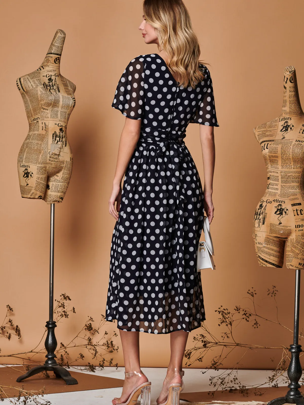 Jolie Moi Occasion Dresses|Printed Dresses-Spot Print Chiffon Maxi Dress, Navy Spot