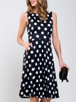 Jolie Moi Occasion Dresses|Sleeveless Dresses-Spotty Printed Round Neck Jersey Dress, Black Spot
