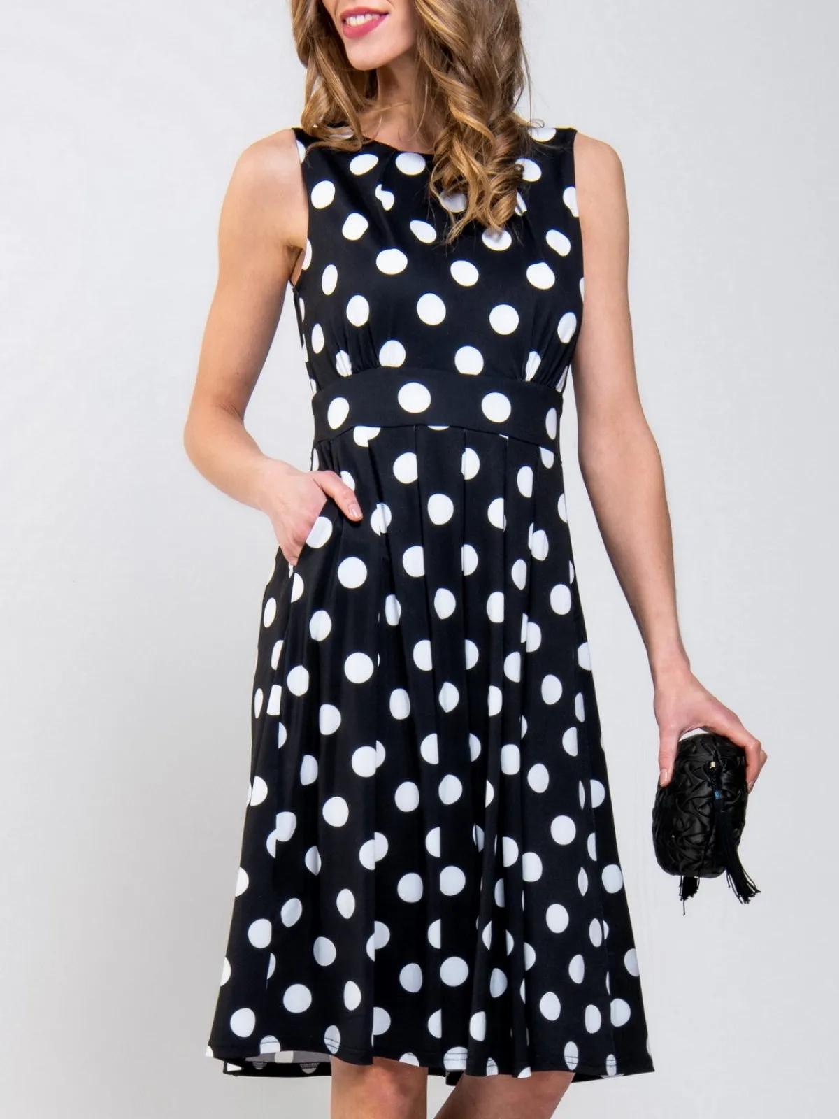 Jolie Moi Occasion Dresses|Sleeveless Dresses-Spotty Printed Round Neck Jersey Dress, Black Spot