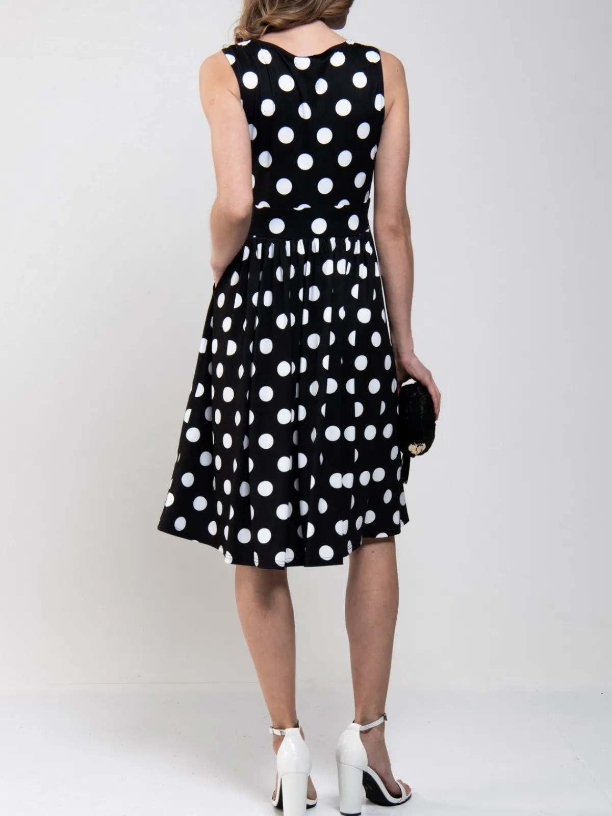 Jolie Moi Occasion Dresses|Sleeveless Dresses-Spotty Printed Round Neck Jersey Dress, Black Spot