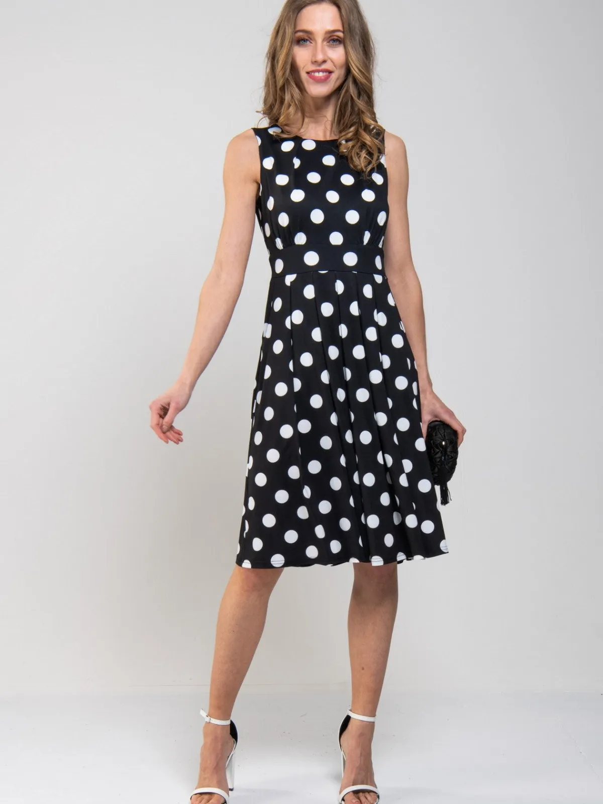 Jolie Moi Occasion Dresses|Sleeveless Dresses-Spotty Printed Round Neck Jersey Dress, Black Spot