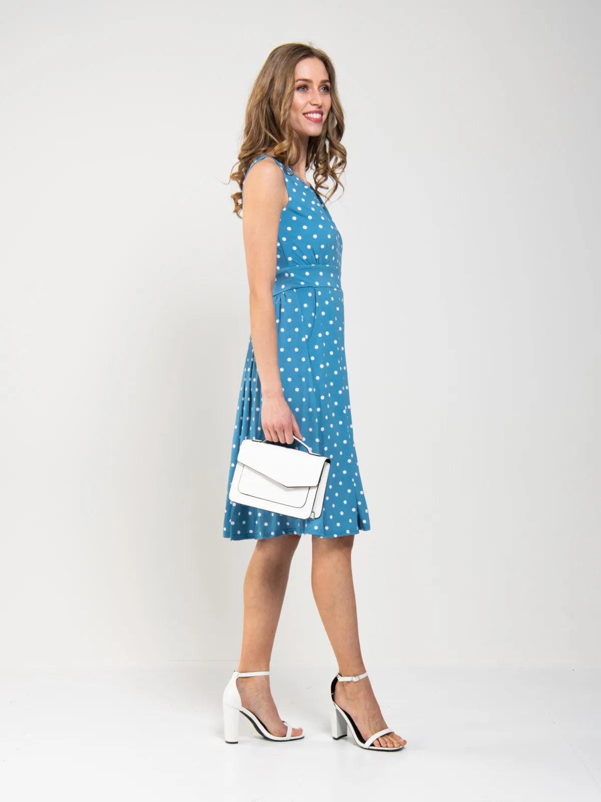 Jolie Moi Occasion Dresses|Sleeveless Dresses-Spotty Printed Round Neck Jersey Dress, Blue Spot
