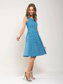 Jolie Moi Occasion Dresses|Sleeveless Dresses-Spotty Printed Round Neck Jersey Dress, Blue Spot