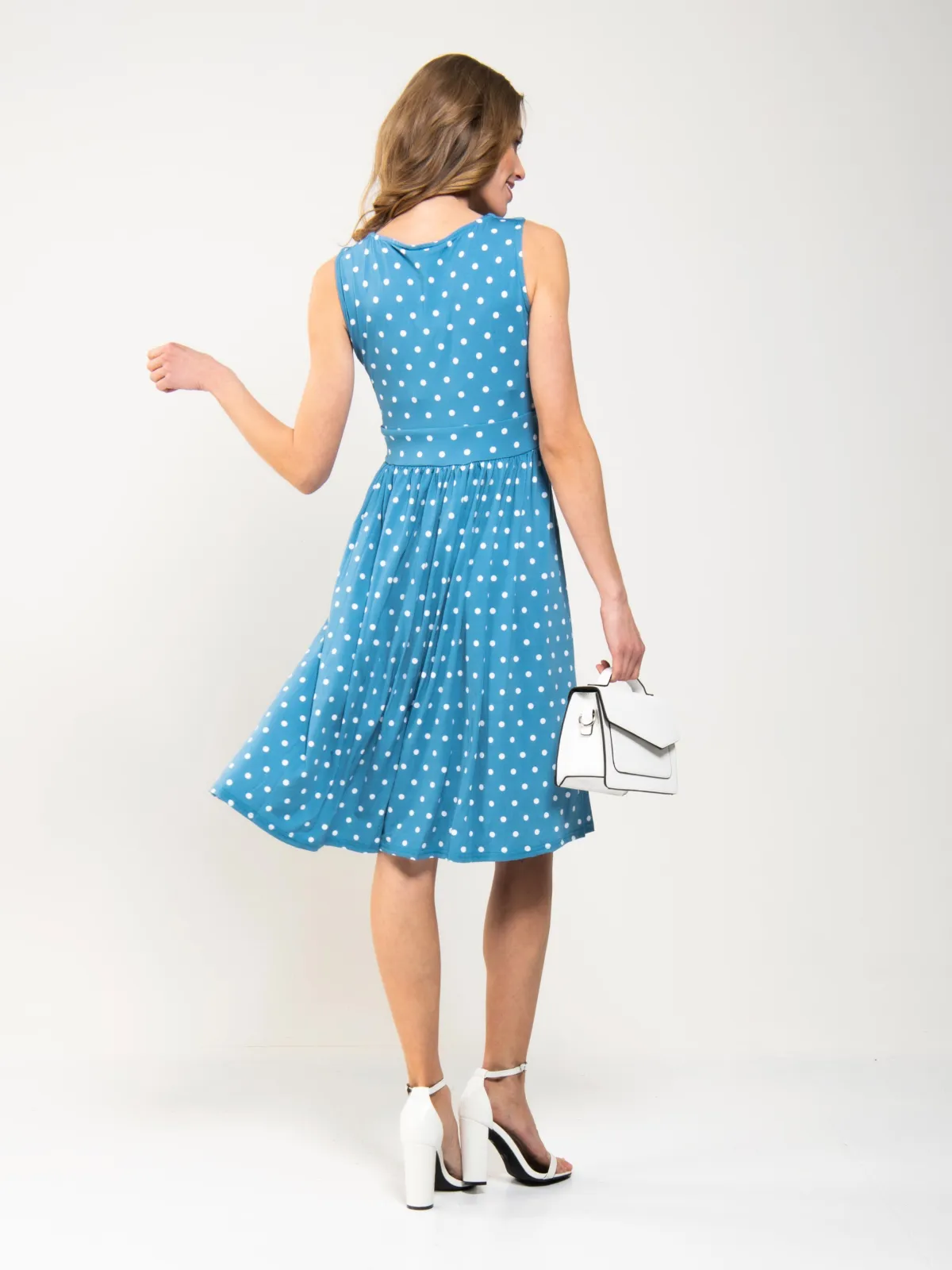 Jolie Moi Occasion Dresses|Sleeveless Dresses-Spotty Printed Round Neck Jersey Dress, Blue Spot