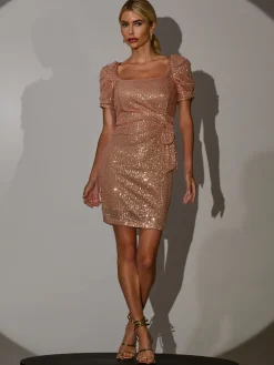 Jolie Moi Occasion Dresses|Party Dresses-Square Neck Sequin Dress, Champagne