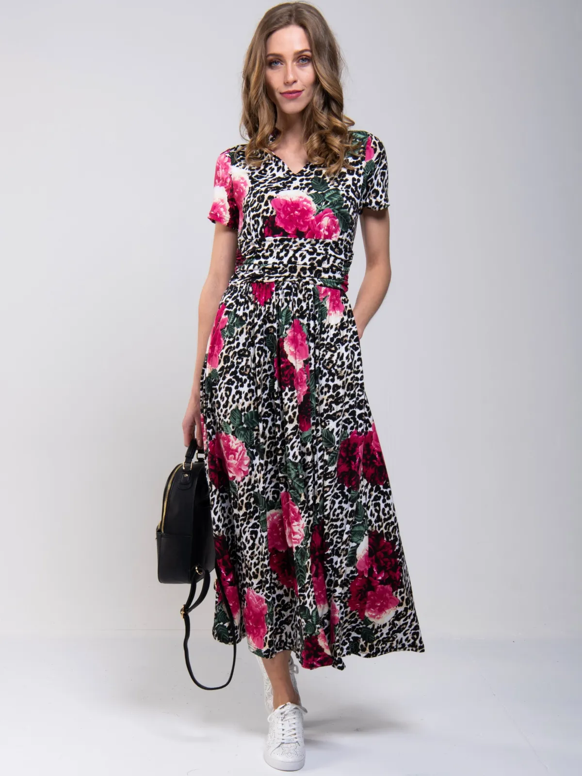 Jolie Moi Occasion Dresses|Floral Dresses-Stand Collar V Neck Print Maxi Dress, Leo Floral