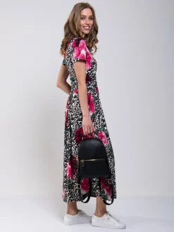 Jolie Moi Occasion Dresses|Floral Dresses-Stand Collar V Neck Print Maxi Dress, Leo Floral