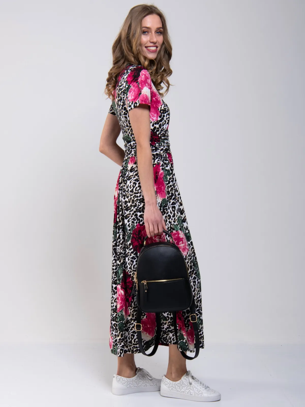 Jolie Moi Occasion Dresses|Floral Dresses-Stand Collar V Neck Print Maxi Dress, Leo Floral