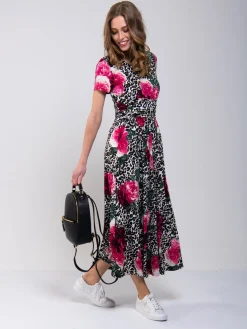 Jolie Moi Occasion Dresses|Floral Dresses-Stand Collar V Neck Print Maxi Dress, Leo Floral