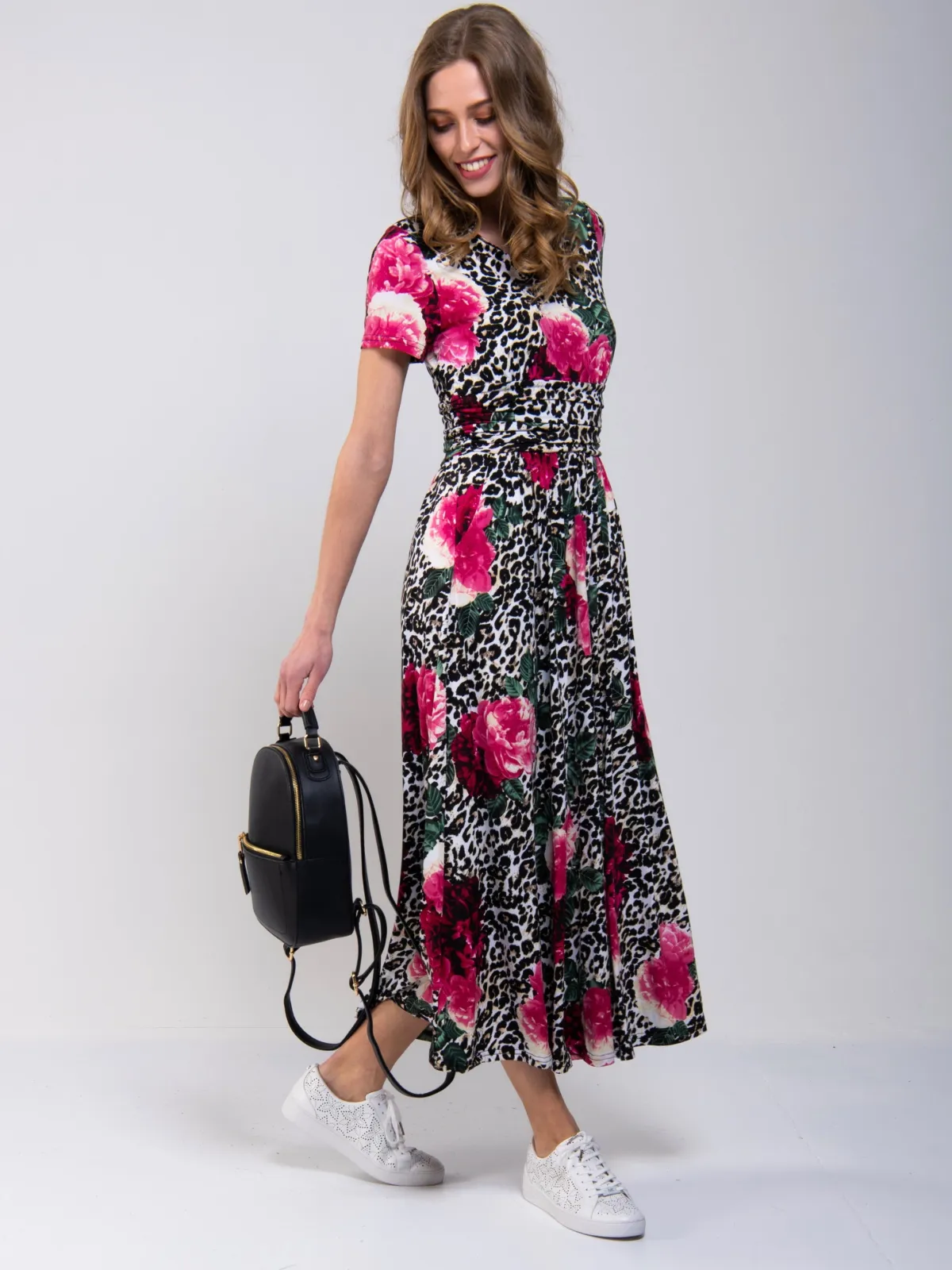 Jolie Moi Occasion Dresses|Floral Dresses-Stand Collar V Neck Print Maxi Dress, Leo Floral