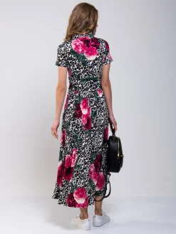 Jolie Moi Occasion Dresses|Floral Dresses-Stand Collar V Neck Print Maxi Dress, Leo Floral