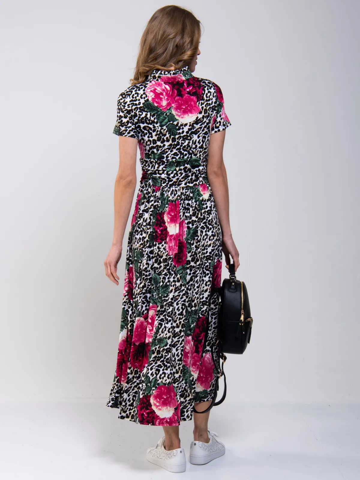 Jolie Moi Occasion Dresses|Floral Dresses-Stand Collar V Neck Print Maxi Dress, Leo Floral