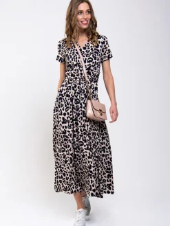 Jolie Moi Occasion Dresses|Office Dresses-Stand Collar V Neck Print Maxi Dress, Pink Animal