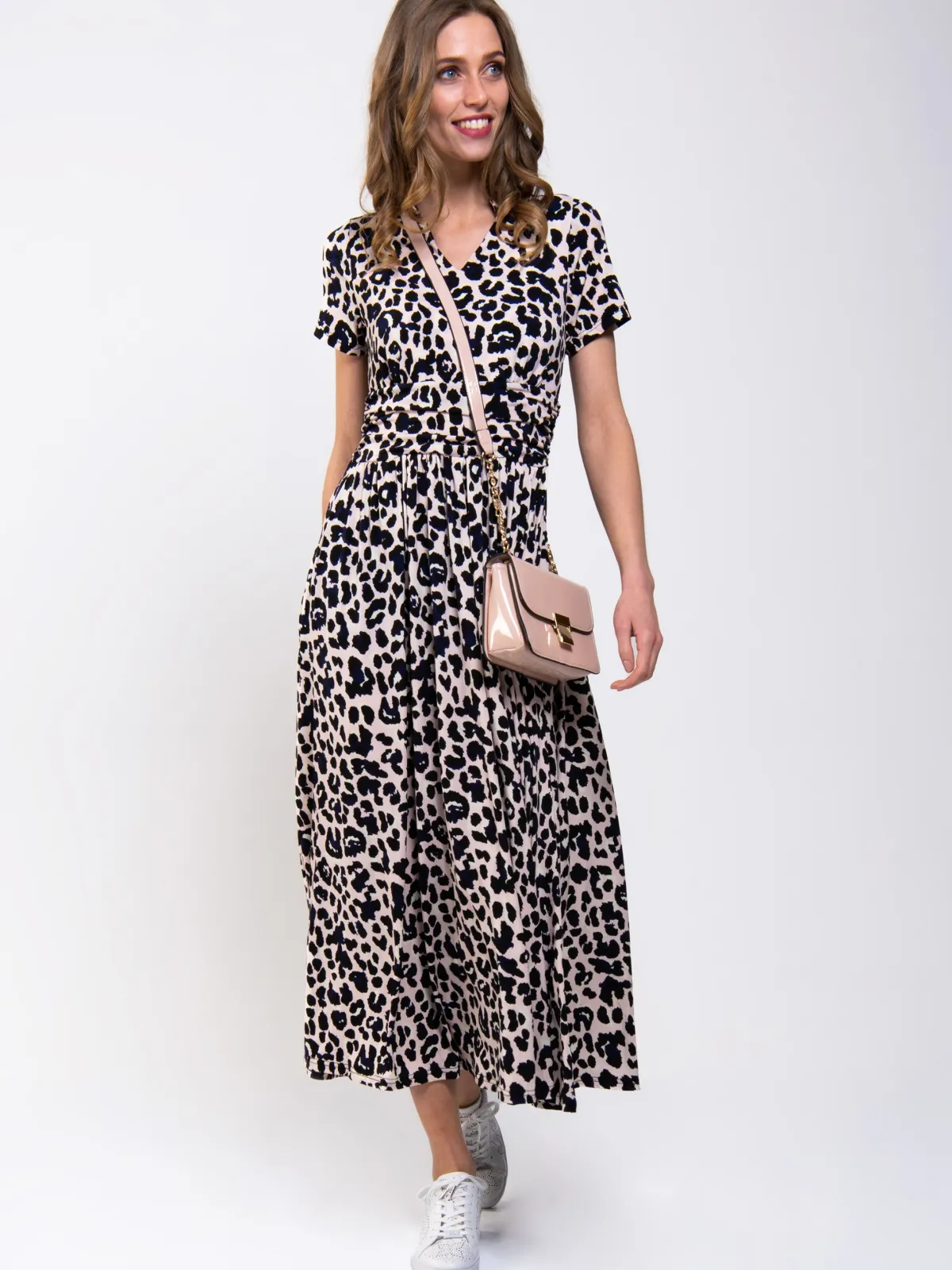Jolie Moi Occasion Dresses|Office Dresses-Stand Collar V Neck Print Maxi Dress, Pink Animal
