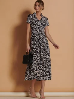 Jolie Moi Occasion Dresses|Office Dresses-Stand Collar V Neck Print Maxi Dress, Pink Animal