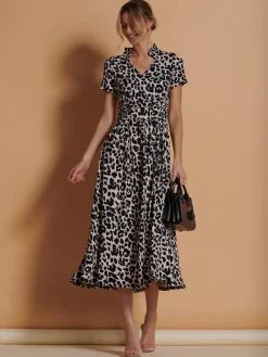 Jolie Moi Occasion Dresses|Office Dresses-Stand Collar V Neck Print Maxi Dress, Pink Animal