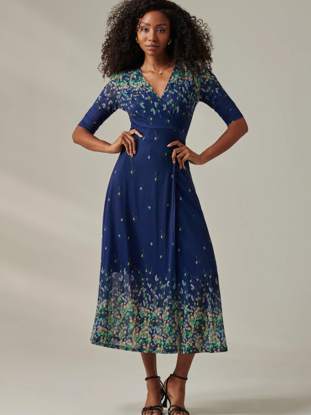 Jolie Moi Occasion Dresses|Floral Dresses-Stella Floral Print Wrap Mesh Maxi Dress, Blue Yellow Multi