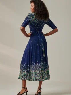 Jolie Moi Occasion Dresses|Floral Dresses-Stella Floral Print Wrap Mesh Maxi Dress, Blue Yellow Multi