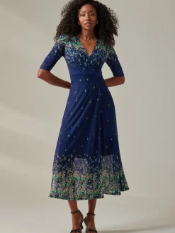 Jolie Moi Occasion Dresses|Floral Dresses-Stella Floral Print Wrap Mesh Maxi Dress, Blue Yellow Multi