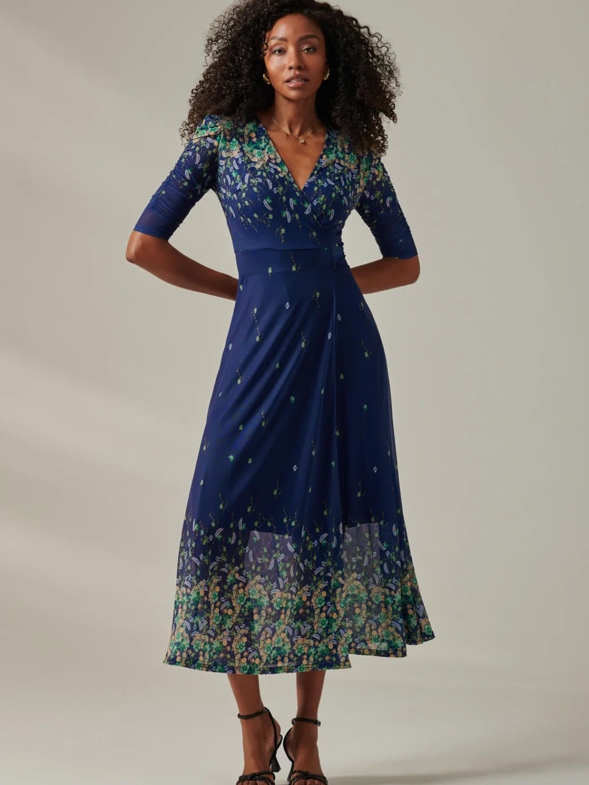 Jolie Moi Occasion Dresses|Floral Dresses-Stella Floral Print Wrap Mesh Maxi Dress, Blue Yellow Multi