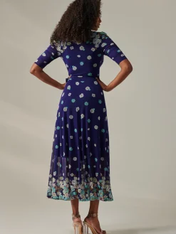 Jolie Moi Occasion Dresses|Mesh Dresses-Stella Floral Print Wrap Mesh Maxi Dress, Navy Floral