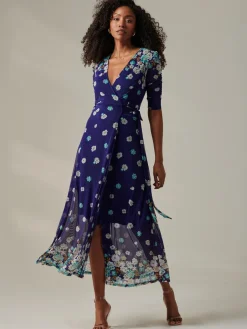 Jolie Moi Occasion Dresses|Mesh Dresses-Stella Floral Print Wrap Mesh Maxi Dress, Navy Floral