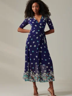 Jolie Moi Occasion Dresses|Mesh Dresses-Stella Floral Print Wrap Mesh Maxi Dress, Navy Floral