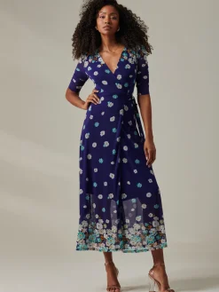 Jolie Moi Occasion Dresses|Mesh Dresses-Stella Floral Print Wrap Mesh Maxi Dress, Navy Floral