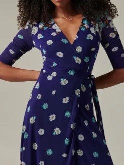 Jolie Moi Occasion Dresses|Mesh Dresses-Stella Floral Print Wrap Mesh Maxi Dress, Navy Floral
