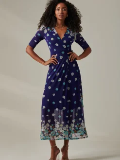 Jolie Moi Occasion Dresses|Mesh Dresses-Stella Floral Print Wrap Mesh Maxi Dress, Navy Floral