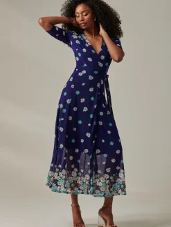 Jolie Moi Occasion Dresses|Mesh Dresses-Stella Floral Print Wrap Mesh Maxi Dress, Navy Floral