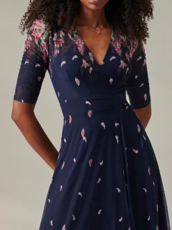 Jolie Moi Occasion Dresses|Floral Dresses-Stella Floral Print Wrap Mesh Maxi Dress, Navy Pink Multi