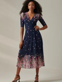 Jolie Moi Occasion Dresses|Floral Dresses-Stella Floral Print Wrap Mesh Maxi Dress, Navy Pink Multi