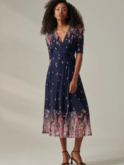 Jolie Moi Occasion Dresses|Floral Dresses-Stella Floral Print Wrap Mesh Maxi Dress, Navy Pink Multi
