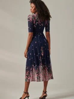 Jolie Moi Occasion Dresses|Floral Dresses-Stella Floral Print Wrap Mesh Maxi Dress, Navy Pink Multi