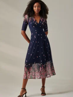 Jolie Moi Occasion Dresses|Floral Dresses-Stella Floral Print Wrap Mesh Maxi Dress, Navy Pink Multi