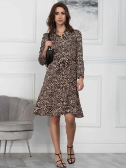 Jolie Moi Occasion Dresses|Shirt Dresses-Susan Fit & Flare Shirt Dress , Brown Animal