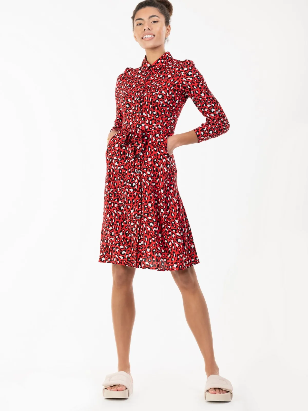 Jolie Moi Shirt Dresses|Office Dresses-Susan Fit & Flare Shirt Dress , Red Animal